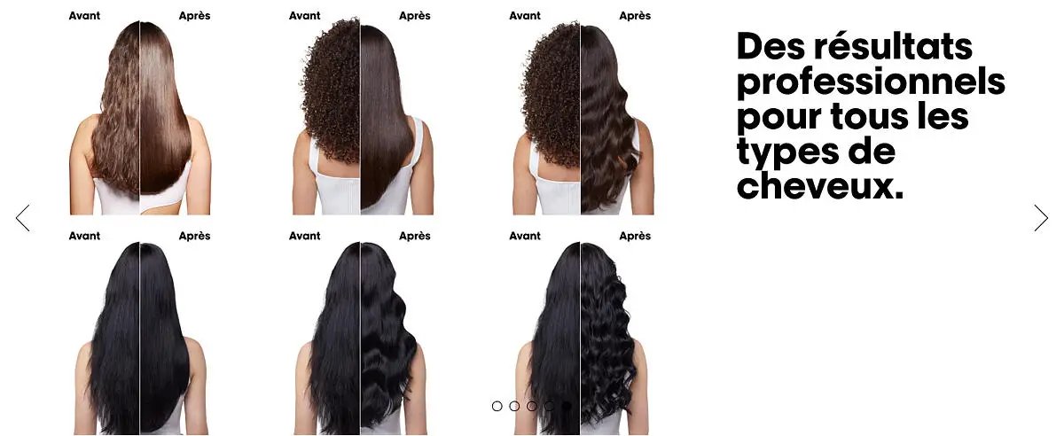 Six comparaisons avant et après coiffage : cheveux lissés, ondulés et bouclés avec SteamPod, visuel L’Oréal Professionnel